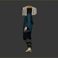 Traditional Costume With Blue Robe Red Sash Yellow Apron Bamboo Hat White Headscarf And Boots