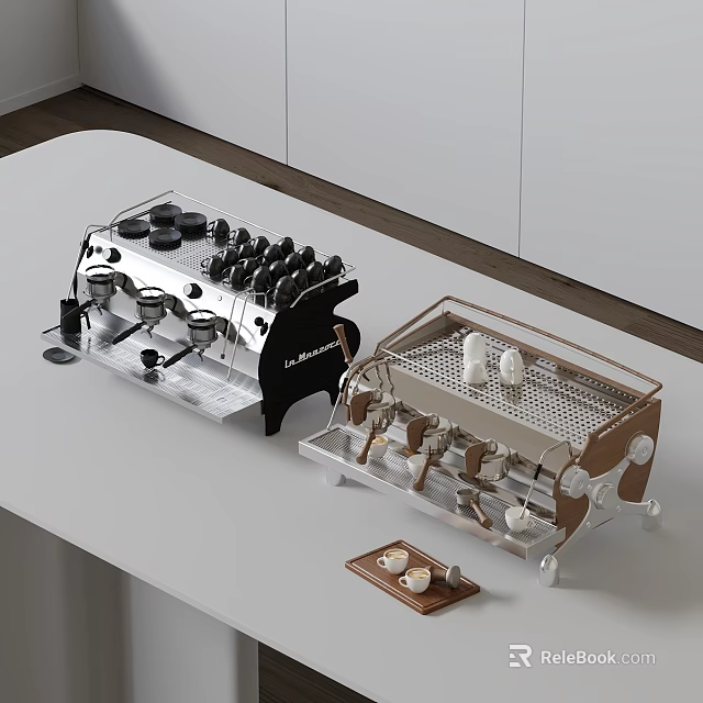 Modern Kitchen Coffee Machine With Accessories And Storage Rack On Countertop 3d model