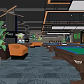 Modern Billiard Room Interior Featuring Pool Tables Leather Sofas Ceiling Lights And Green Plants 3d model