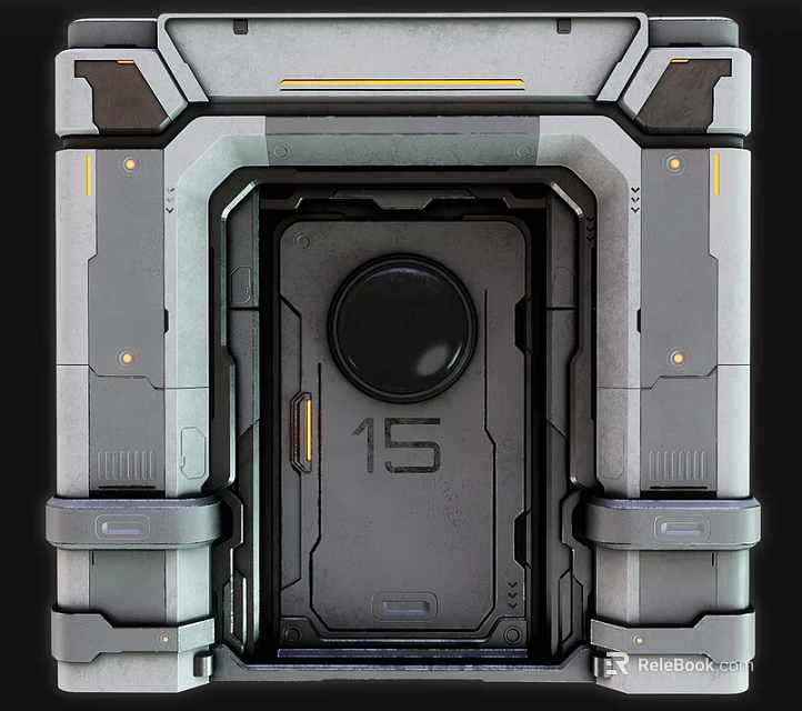 Futuristic Gray Metallic Door Featuring Circular Viewport Number 15 And Geometric Design 3d model 