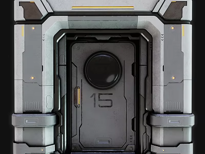 Futuristic Gray Metallic Door Featuring Circular Viewport Number 15 And Geometric Design 3d model