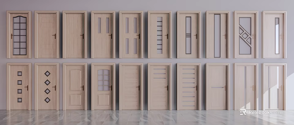 Wooden Swing Doors With Glass Panels In Various Styles Neatly Arranged 3d model 