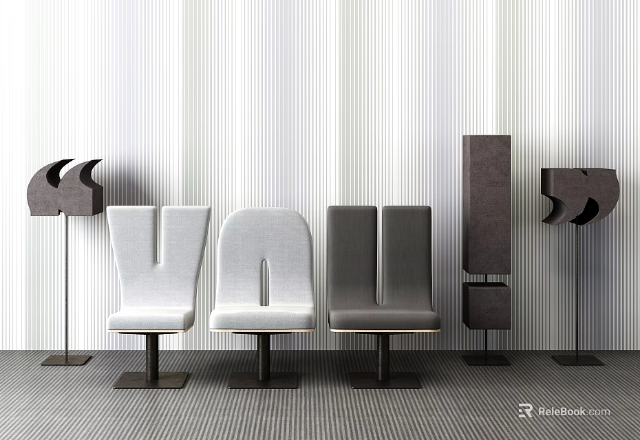 Modern Leisure Chairs In White Gray Tones Against Striped Wall With Decorative Accents 3d model 