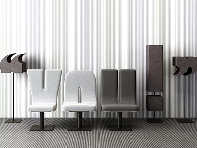 Modern Leisure Chairs In White Gray Tones Against Striped Wall With Decorative Accents 3d model
