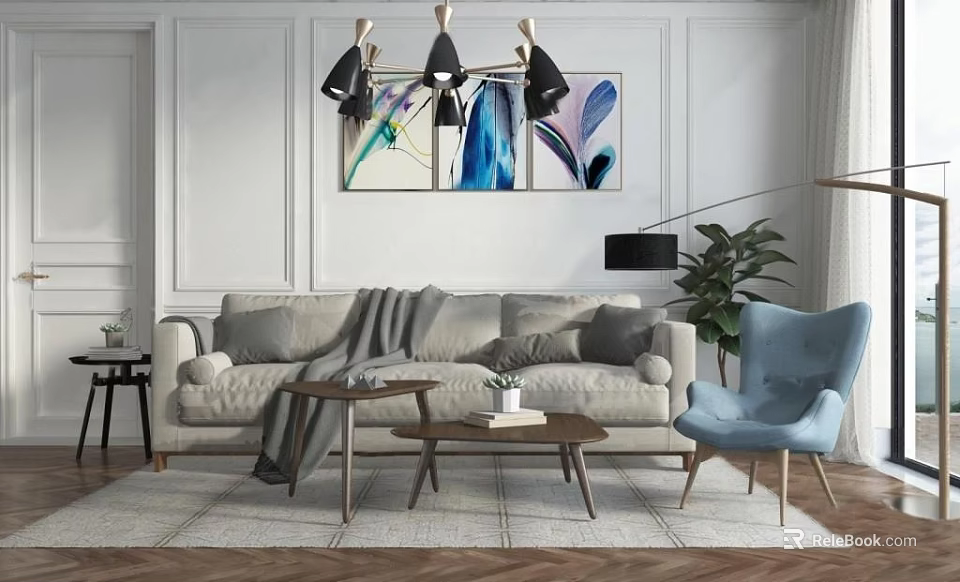 Beige Sofa Wooden Coffee Table Set with Blue Accent Chair Abstract Wall Art Potted Plant 3d model 