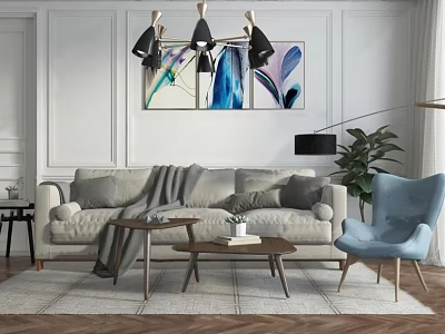 Beige Sofa Wooden Coffee Table Set with Blue Accent Chair Abstract Wall Art Potted Plant 3d model