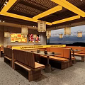 Chinese Style Restaurant Interior With Hanging Lanterns Yellow Accents Tables Chairs And Wall Posters