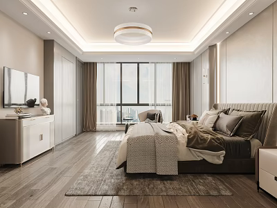 Modern Bedroom Interior With King Size Bed Wardrobe Area Rug And Floor to Ceiling Window 3d model