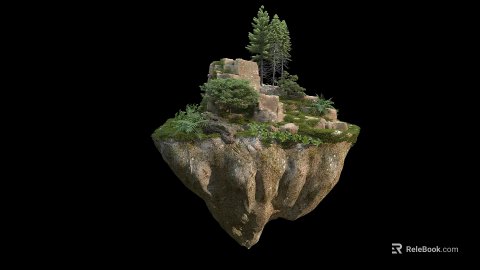 Scenic Floating Island With Rocks Trees And Lush Green Vegetation 3d model 