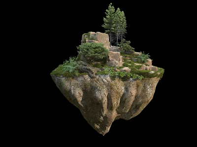 Scenic Floating Island With Rocks Trees And Lush Green Vegetation 3d model