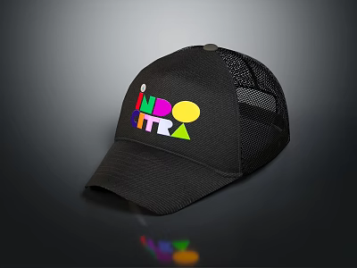 Black Trucker Cap with Colorful INDRO ITTRA Logo and Mesh Back Design 3d model