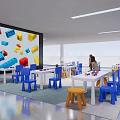 Exhibition Booth With Large Screen Colorful Building Block Patterns Blue White Tables Chairs And People