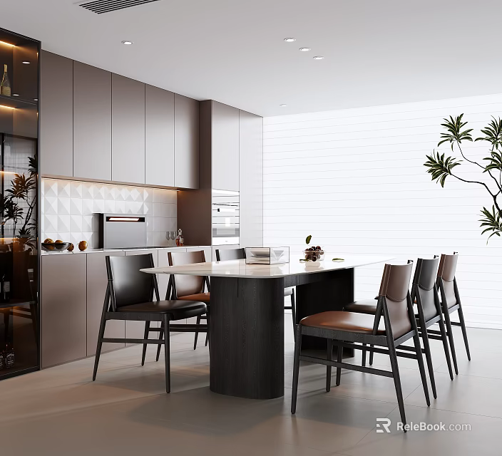 Modern Restaurant Interior Design With Wooden Dining Table Leather Chairs And Large Window 3d model 