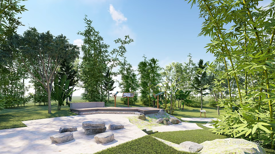Natural Garden Landscape Design With Various Trees Bamboo Stone Benches And Grassy Areas 3d model 