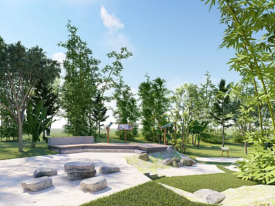 Natural Garden Landscape Design With Various Trees Bamboo Stone Benches And Grassy Areas 3d model