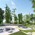 Natural Garden Landscape Design With Various Trees Bamboo Stone Benches And Grassy Areas