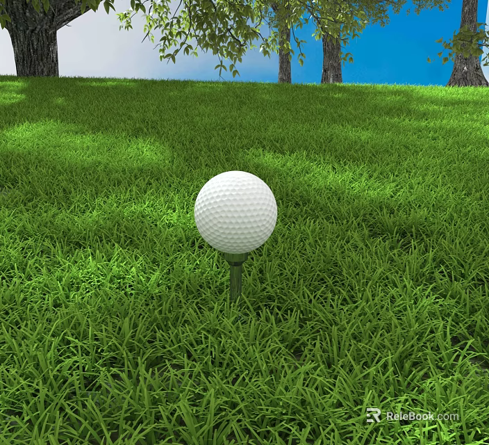 High Quality Golf Ball on Tee in Green Grass Field with Trees and Blue Sky 3d model 