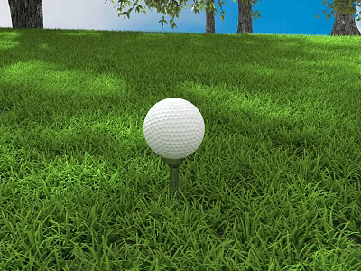High Quality Golf Ball on Tee in Green Grass Field with Trees and Blue Sky 3d model