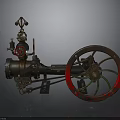 Vintage Steam Engine Equipment With Large Red Wheel And Metal Pipes