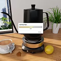 Black Electric Kettle Kitchen Appliance With Coffee Cup Lemon Green Plant On Wooden Countertop
