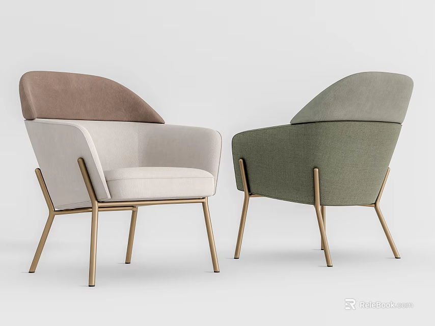 Stylish Modern Dining Chairs With Neutral And Green Upholstered Fabric Gold Metal Legs 3d model 