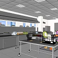 Modern Commercial Kitchen Interior With Stainless Steel Worktables Cooking Utensils And Storage Cabinets