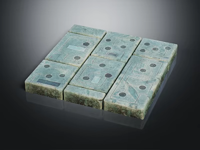 Ancient Green Jade Square Blocks Featuring Circular Holes And Intricate Surface Carvings 3d model