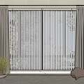 Gray Curtains In Modern Interior With Slatted Window Panels And Green Plant