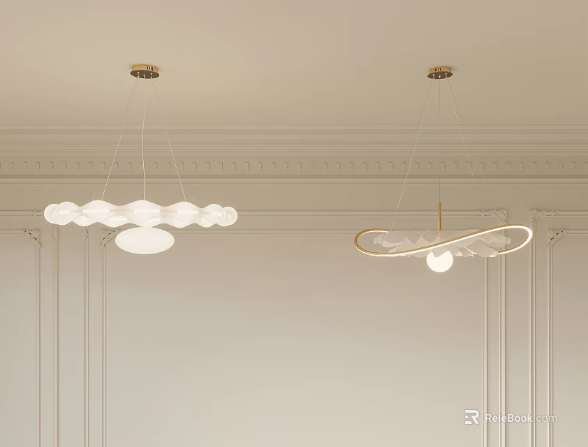 Modern Interior Design With Cloud Shape And Circular Ring Pendant Lights 3d model 