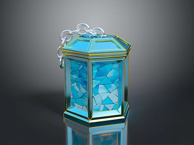 Blue Glass Mosaic Lantern With Gold Frame And Chain Handle Design 3d model
