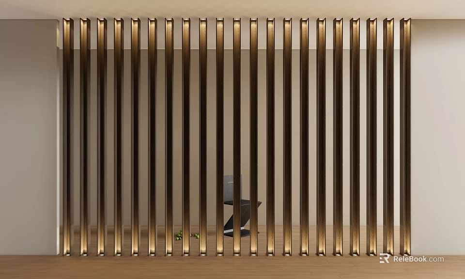 Golden Metal Vertical Slats Partition With Backlit Design In Modern Interior 3d model 