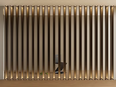 Golden Metal Vertical Slats Partition With Backlit Design In Modern Interior 3d model