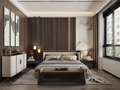 Traditional Chinese Modern Bedroom Interior With Wooden Panel Walls Decorative Paintings And Bed Bench 3d model