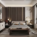 Traditional Chinese Modern Bedroom Interior With Wooden Panel Walls Decorative Paintings And Bed Bench