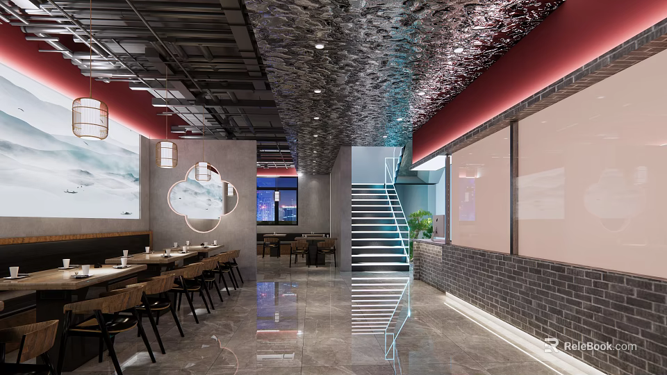 Modern Restaurant Interior With Red Walls Metal Ceiling Staircase And Brick Accents 3d model 
