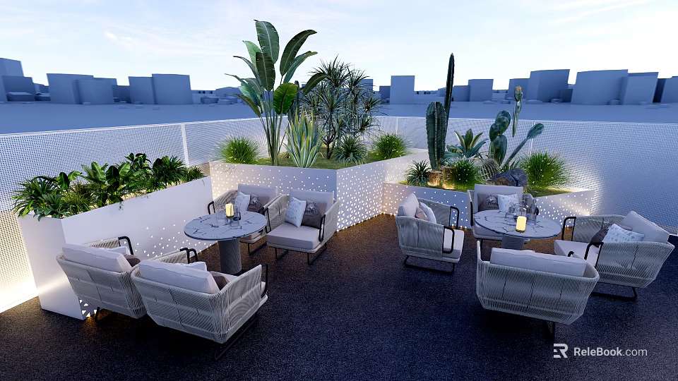Rooftop Bar Outdoor Seating Area With Palm Leaves Cactus White Furniture City Backdrop And Lighting 3d model 