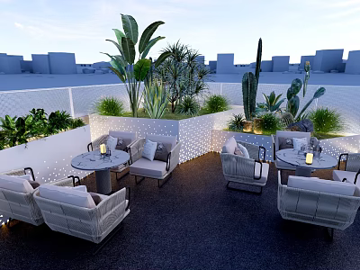 Rooftop Bar Outdoor Seating Area With Palm Leaves Cactus White Furniture City Backdrop And Lighting 3d model