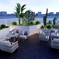 Rooftop Bar Outdoor Seating Area With Palm Leaves Cactus White Furniture City Backdrop And Lighting