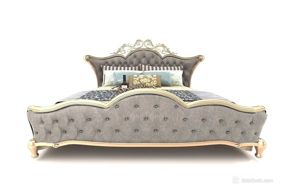 Elegant Gray Upholstered Double Bed With Gold Accents And Carved Headboard 3d model 