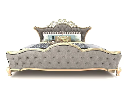 Elegant Gray Upholstered Double Bed With Gold Accents And Carved Headboard 3d model