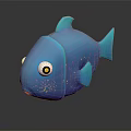 Blue Cartoon Style Fish With Big Eyes And Colorful Spots On Dark Background