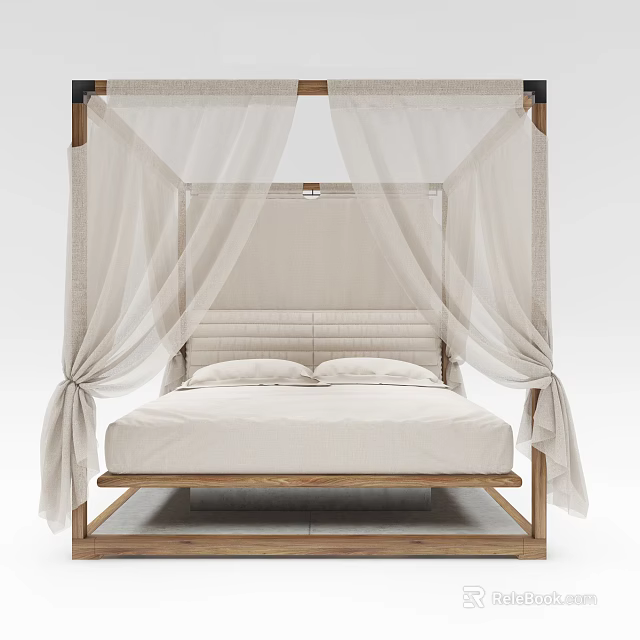 Double Bed With Wooden Frame Canopy And White Bedding Modern Design 3d model