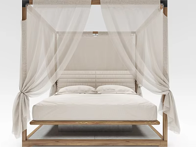 Double Bed With Wooden Frame Canopy And White Bedding Modern Design 3d model