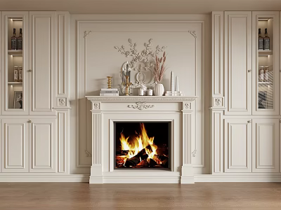 Elegant Classic TV Wall Design With Fireplace And White Cabinets 3d model