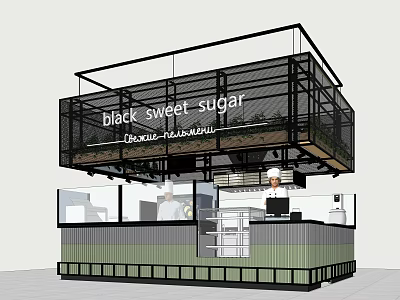 Black Sweet Sugar Modern Dessert Shop With Open Structure Counter And Green Plants 3d model