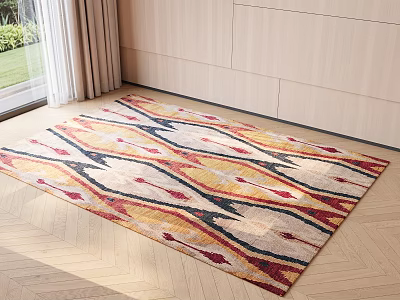 Square Rug With Geometric Pattern Multicolor Red Yellow Blue White On Wooden Floor Living Room 3d model