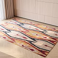 Square Rug With Geometric Pattern Multicolor Red Yellow Blue White On Wooden Floor Living Room