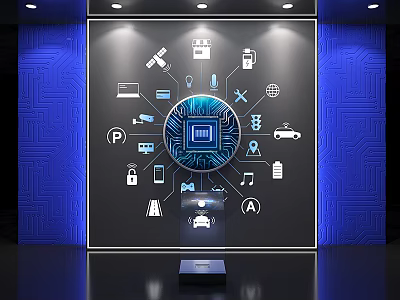 Modern Tech Exhibition Hall Featuring Central Glowing Blue Chip and Surrounding Innovation Icons 3d model