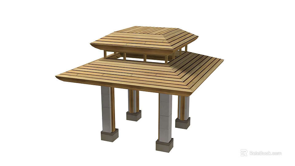 Two Tiered Wooden Pavilion Featuring Square Platform Hexagonal Roof And Metal Pillars 3d model 