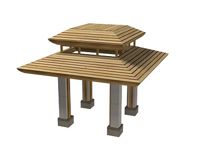 Two Tiered Wooden Pavilion Featuring Square Platform Hexagonal Roof And Metal Pillars 3d model